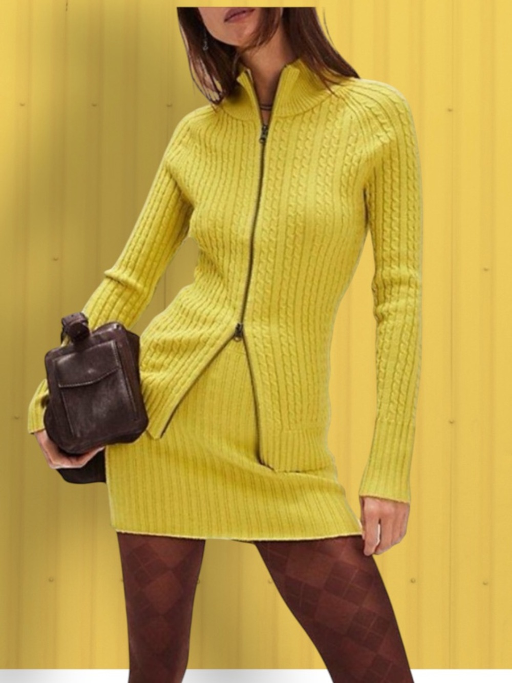 FREE PEOPLE ELIZA CABLE KNIT SWEATER SKIRT SET M L CHARTREUSE